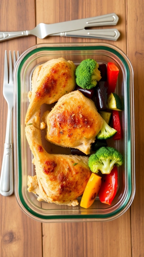 Healthy Air Fryer Chicken Meal Prep Meal prep container with air-fried chicken and roasted vegetables on a wooden table.